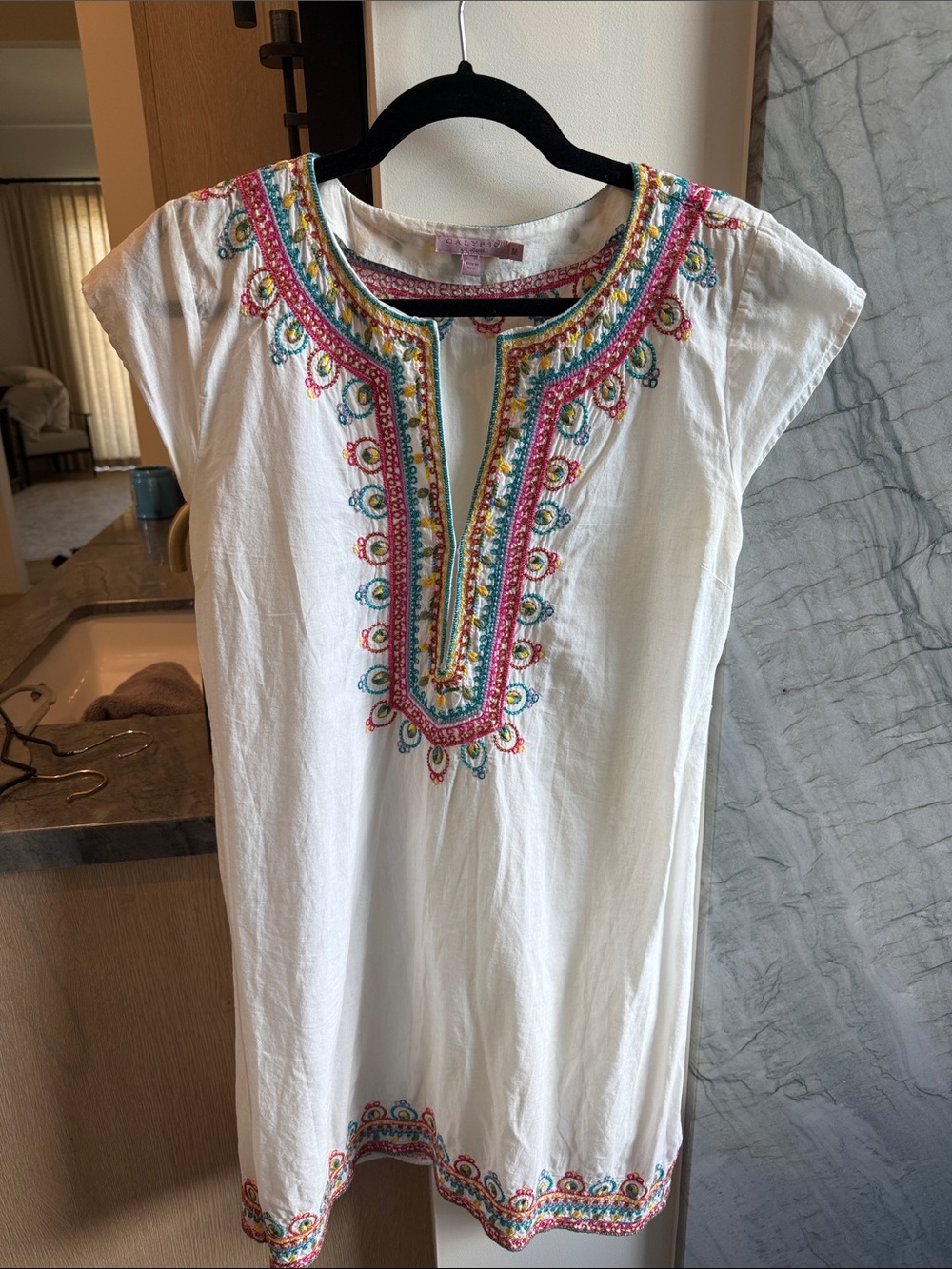 Calypso St. Barth White Embroidered Tunic with Multicolor Trim